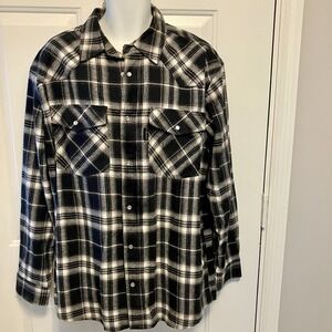 Five Brother Plaid Flannel Shirt‎ Men's Large Regular Black White USA Pearl Snap